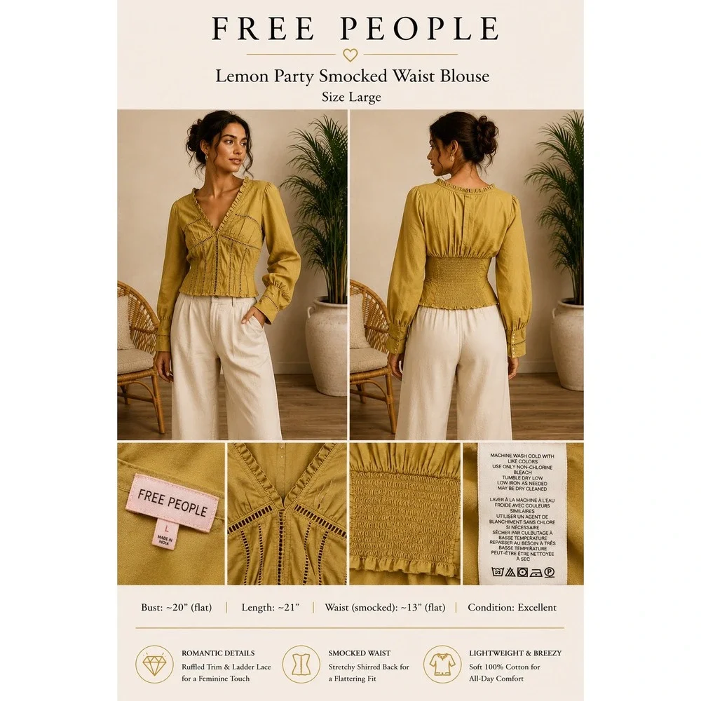 Free‎ People Lemon Party Smocked Waist Blouse Gold Cotton Lace Top Large